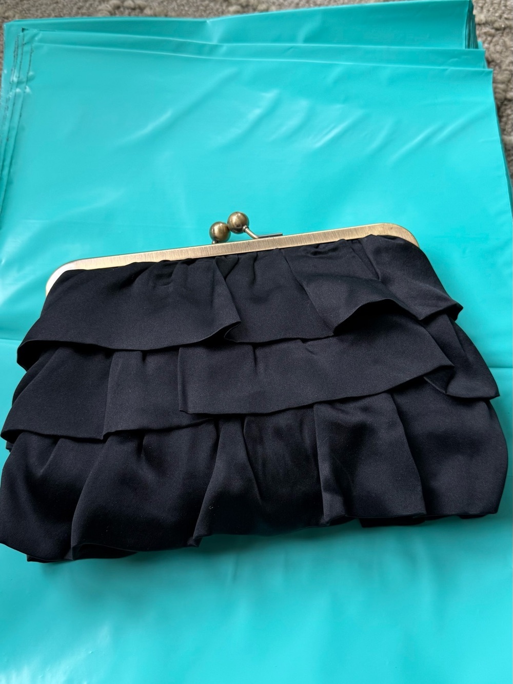 Daisie & Chiyo Black Silk Ruffle Clutch